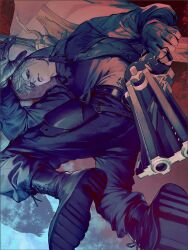  1boy arm_above_head arm_up belt boots devil_may_cry_(series) devil_may_cry_5 gun handgun holding holding_gun holding_weapon holster hood hood_up hooded_jacket jacket left-handed long_sleeves male_focus nero_(devil_may_cry) pants short_hair solo sword t4gamo weapon 