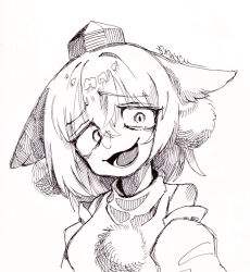  1girl animal_ears commentary_request cookie_(touhou) floppy_ears greyscale hair_between_eyes hat hatching_(texture) inubashiri_momiji kuso_inu_(cookie) looking_at_viewer melanin_shikiso monochrome open_mouth pom_pom_(clothes) short_hair simple_background sketch smile solo tokin_hat touhou upper_body wolf_ears wolf_girl 