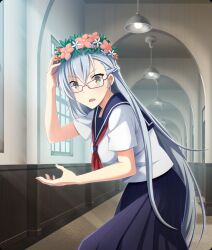  1girl arch blue_hair blue_sailor_collar blue_skirt braid breasts ceiling_light cosplay cowboy_shot day flower_wreath game_cg glasses half_up_braid hallway hand_on_headwear hand_up head_wreath indoors kitora_mirja large_breasts leaning_forward long_hair looking_at_viewer neckerchief official_art open_mouth purple-framed_eyewear red_neckerchief sailor_collar sakugawa_school_uniform school_uniform serafuku shirt skirt small_sweatdrop solo surprised third-party_source toaru_kagaku_no_railgun toaru_majutsu_no_index toji_no_miko toji_no_miko:_kizamishi_issen_no_tomoshibi uiharu_kazari uiharu_kazari_(cosplay) very_long_hair white_shirt window yellow_eyes 