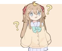  1girl :3 :d ? aqua_bow aqua_bowtie blue_eyes blue_sailor_collar blue_serafuku blue_skirt blush border bow bowtie brown_hair cardigan confused cowboy_shot hair_between_eyes hair_ornament hair_ribbon heart heart_hair_ornament kosame long_hair long_sleeves looking_at_viewer miniskirt neuro-sama object_on_head orange_background outside_border pleated_skirt red_ribbon ribbon rubber_duck sailor_collar school_uniform serafuku simple_background skirt sleeves_past_fingers sleeves_past_wrists smile solo two_side_up vedal_ai white_border wide-eyed yellow_cardigan 