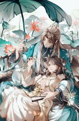  1boy 1girl absurdres aqua_coat black_shirt boat brown_hair chinese_clothes chinese_commentary closed_mouth coat commentary_request couple curtained_hair dappled_sunlight daxiushan day dress feet_out_of_frame flower flower_ornament folded_fan folding_fan gradient_clothes gradient_dress hair_flower hair_ornament hand_fan hands_up hanfu hetero highres holding holding_fan holding_leaf hua_yi_shanxin_zhiyue leaf leaf_umbrella long_hair long_sleeves looking_up lotus lotus_leaf lotus_pod nail_polish on_boat open_clothes open_coat orange_dress orange_nails outdoors parted_bangs pink_flower reclining robe shirt shuangyaji sideways_glance sitting sitting_on_lap sitting_on_person smile sunlight swept_bangs the_princess_(hua_yi_shanxin_zhiyue) wangulongdong watercraft white_dress white_hanfu white_robe wide_sleeves xiao_guan_(headdress) yellow_eyes yu_ze 