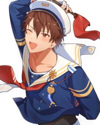  1boy anchor anchor_earrings arm_up boarding_live_(ensemble_stars!) brown_eyes brown_hair commentary_request earrings ensemble_stars! flag hair_between_eyes highres holding holding_flag jewelry long_sleeves male_focus morisawa_chiaki my_(highper27) neckerchief official_alternate_costume one_eye_closed open_mouth red_flag red_neckerchief ribbon_bar sailor_collar short_hair simple_background smile solo star_(symbol) two-tone_neckerchief upper_body white_background 