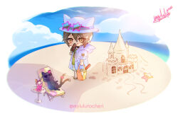  1boy animal animal_ears animal_hat arknights bendy_straw black_cat blue_sky brown_eyes brown_hair brown_sandals brown_shorts bucket cat clouds crossed_legs cup drink drinking_glass drinking_straw eyes_visible_through_hair eyewear_on_head fake_animal_ears food green_shirt hair_between_eyes hat heart heart-shaped_eyewear highres holding holding_bucket holding_food hood hood_down hooded_jacket horizon ice ice_cream ice_cube jacket miss_christine_(arknights) myluche nekomata ocean open_clothes open_jacket phantom_(arknights) pink-framed_eyewear sand_sculpture sandals shirt shorts signature sky standing star-shaped_eyewear star_(symbol) starfish sun_hat sunglasses tragodia_(arknights) twitter_username water white_hat white_jacket 