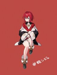  1girl ange_katrina ange_katrina_(1st_costume) ankle_boots black_boots black_coat blue_eyes boots cardigan coat crossed_bangs dress full_body gradient_eyes hair_between_eyes hair_intakes hashtag hashtag-only_commentary interlocked_fingers invisible_chair knee_up looking_to_the_side medium_hair multicolored_eyes nijisanji off_shoulder own_hands_together red_background red_cardigan red_hair short_dress simple_background sitting solo tone_haruma violet_eyes virtual_youtuber white_dress 