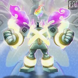  absurdres aqua_skin colored_skin golem golurk highres mega_evolution_symbol mega_golurk mega_pokemon no_humans pokemon pokemon_(creature) pokemon_focus pokemon_legends:_z-a rcortezdraws yellow_trim zoom_layer 