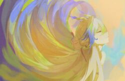  1girl arknights blonde_hair blue_background blue_hair closed_eyes commentary dragon_horns english_commentary gradient_background gradient_hair hair_focus highres horns long_hair multicolored_hair orange_background portrait shu_(arknights) solo very_long_hair yyalloww 