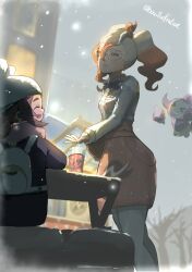  >_< 2girls :d ansha_(pokemon) apron backpack bag bare_tree black_coat bo_(bouillustration) bow bowtie building closed_eyes coat commentary_request cup disposable_coffee_cup disposable_cup eyelashes glasses grey_sky griselle_(pokemon) hat highres hoopa hoopa_(confined) long_sleeves multiple_girls open_mouth orange_apron outdoors pink_scarf pokemon pokemon_(creature) pokemon_legends:_z-a scarf sitting sky smile tree twitter_username waist_apron watermark white-framed_eyewear white_bag 