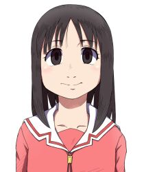  1girl azumanga_daioh azumanga_daioh's_school_uniform black_hair brown_eyes close-up collarbone commentary eyelashes hatching_(texture) kasuga_ayumu light_smile looking_at_viewer medium_hair morichan neck_ribbon pink_ribbon pink_serafuku pink_shirt portrait ribbon sailor_collar school_uniform serafuku shirt simple_background smile solo speech_bubble straight-on white_background white_sailor_collar winter_uniform 
