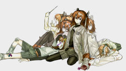  6+girls a.i._voice absurdres adachi_rei aihan_suru_negai_(utau) alternate_costume bandaid bandaid_on_leg clothes_pin commentary_request conductor_baton cone_hair_bun flower_wreath gauze_on_knee gloves grey_shorts hair_bun hair_ornament head_wreath highres hirune_(suiminbusoku118) holding jacket kyou_kara_kimi_wa_star!_(utau) leaning_on_person long_sleeves looking_at_viewer lying mawaru_sentaku_net_(utau) multiple_girls multiple_persona nariyamanai_yorokobi_to_tomo_ni!_(utau) netsu_ijou_(utau) on_back open_clothes open_jacket orange_eyes orange_hair partial_commentary shorts shuuten_chi_e_kiete_(utau) sitting tougenkyou_e_ikou_(utau) utau white_background white_gloves white_jacket 