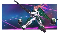  1girl absurdres artist_request beam_rifle bit_(gundam) blue_eyes bodysuit border brown_hair cherudim_gundam cherudim_gundam_(cosplay) closed_mouth cosplay energy_beam energy_gun gloves green_eyes gun high_ponytail highres hikari_riria holding holding_gun holding_weapon indie_virtual_youtuber long_hair mecha_musume multicolored_eyes outside_border ponytail solo space virtual_youtuber weapon white_bodysuit white_border white_gloves 