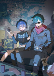  1boy 1girl ahoge bangboo_(zenless_zone_zero) belle_(zenless_zone_zero) black_pants black_shirt black_thighhighs blue_hair blush can commentary_request commission controller couch crossed_bangs earrings green_eyes green_hair grey_skirt hair_between_eyes highres holding holding_remote_control indoors jewelry lighter_(zenless_zone_zero) looking_at_another looking_over_eyewear necklace on_couch open_mouth pants pillow poster_(object) print_shirt rainzz550793 red_scarf remote_control scarf shirt short_hair single_thighhigh sitting skirt spiked_jacket sunglasses table thigh-highs zenless_zone_zero 