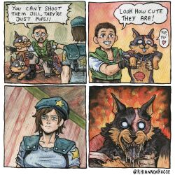  1boy 1girl absurdres animal artist_name beret blue_hat blue_shirt brown_hair chris_redfield dog fangs hat highres holding holding_animal holding_dog jill_valentine resident_evil resident_evil_1 rhiannon_kagoe saliva shirt shoulder_pads white_eyes zombie_dog 