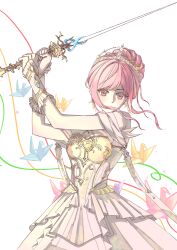  1girl absurdres armor bare_shoulders breastplate chenlanbulan_slan chinese_commentary commentary_request covered_mouth cowboy_shot dress earrings expressionless feather-trimmed_dress feather_earrings feathers frilled_arm_warmers hair_bun highres holding holding_sword holding_weapon infinity_nikki jewelry light_particles melody_bloom_(infinity_nikki) nikki_(nikki) nikki_(series) off-shoulder_dress off_shoulder origami paper_crane pink_hair pleated_dress rapier short_hair_with_long_locks short_sleeves sidelocks simple_background single_hair_bun solo sparkle sword tiara updo wavy_hair weapon white_arm_warmers white_background white_dress 