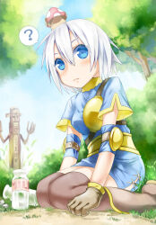  1girl ? archer_(ragnarok_online) belt blue_dress blue_eyes blue_sky blush boots bottle breasts brown_boots brown_gloves brown_thighhighs bush closed_mouth commentary_request day dress elbow_pads expressionless full_body gloves greatest_general_(ragnarok_online) hair_between_eyes highres looking_at_viewer medium_breasts milk_bottle muneate mushroom_on_head outdoors ragnarok_online seiza short_dress short_hair short_sleeves sitting sky solo spoken_question_mark thigh-highs tree white_hair yousagi 
