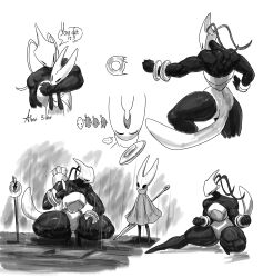  ... 2girls absurdres alternate_muscle_size arthropod_girl bag boopie bracelet chakram cloak closed_eyes english_text health_bar height_difference highres hollow_knight hollow_knight:_silksong hornet_(hollow_knight) hug jewelry mask multiple_girls muscular muscular_female needle_(hollow_knight) needle_sword rain shakra_(hollow_knight) speech_bubble squatting weapon 