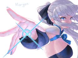  1girl black_bow blue_eyes bow braid character_name fate/grand_order fate_(series) hair_between_eyes hair_bow half_up_braid highres long_hair looking_at_viewer morgan_le_fay_(fate) morgan_le_fay_(first_ascension)_(fate) niwaikanai ponytail simple_background solo white_background white_hair 