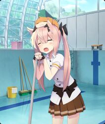  1girl :3 basket black_gloves black_ribbon blue_sky blush blush_stickers broom brown_skirt bucket buttons cleaning cleaning_pool closed_eyes cowboy_shot creature_on_head day dot_nose double-parted_bangs drooling fingerless_gloves game_cg gloves holding holding_broom indoors leaning_forward long_hair lying mashiko_kaoru nene_(toji_no_miko) nose_bubble official_art on_stomach open_mouth osafune_girls_academy_school_uniform pink_hair pool pool_ladder ribbon school_uniform shirt short_sleeves skirt sky skylight sleeping sleeping_on_person sleepy tearing_up third-party_source toji_no_miko toji_no_miko:_kizamishi_issen_no_tomoshibi towel tree twintails waist_ribbon white_shirt yawning 