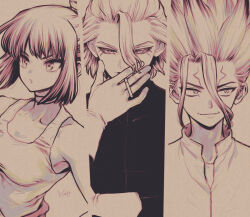  1girl 2boys between_fingers black_bodysuit bodysuit breasts choker cigarette collarbone dr._stone eyelashes facial_mark gloves hair_between_eyes half-closed_eyes highres holding holding_cigarette ishigami_senkuu kohaku_(dr._stone) lips lipstick long_eyelashes looking_to_the_side makeup monochrome multiple_boys ninomae_gin open_mouth parted_lips shirt short_hair siblings sidelocks signature smile smirk smoking spiky_hair stanley_snyder_(dr.stone) tank_top thick_eyebrows white_gloves 
