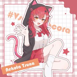  1girl absurdres alternate_costume animal_ears black_jacket blush bow breasts cat_ears cat_hair_ornament cat_tail character_name check_commentary commentary commentary_request decora fang hair_ornament hairclip hashtag highres hood hood_up jacket long_hair maruwo_pu medium_breasts multicolored_hair nail_polish nekota_tsuna number_hair_ornament open_mouth orange_eyes parallel_hairclips red_bow red_hair red_nails red_skirt shirt sitting skirt sleeves_rolled_up socks solo sparkle_hair_ornament star_(symbol) streaked_hair tail thick_eyelashes thighs virtual_youtuber vspo! waving white_shirt white_socks x_hair_ornament 