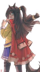  1girl absurdres animal_ears black_thighhighs blue_eyes brown_hair coat domino_mask el_condor_pasa_(el_numero_1)_(umamusume) el_condor_pasa_(umamusume) eye_mask hair_between_eyes highres holding holding_coat holding_unworn_clothes horse_ears horse_girl horse_tail jacket long_hair long_sleeves looking_at_viewer looking_back mask ootato open_mouth pleated_skirt ponytail purple_skirt red_coat red_jacket shirt simple_background skirt smile solo tail thigh-highs umamusume unworn_coat white_background yellow_shirt 
