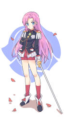  1girl absurdres arm_behind_back bike_shorts black_jacket blue_eyes boots chinese_commentary commentary epaulettes falling_petals full_body highres holding holding_sword holding_weapon jacket long_hair looking_at_viewer ootori_gakuen_school_uniform petals pink_hair red_shorts red_socks school_uniform shorts shoujo_kakumei_utena socks solo standing sword tenjou_utena weapon wu_shi_mi_mi 