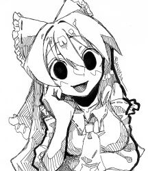  1girl ascot bow breasts collared_shirt commentary_request cookie_(touhou) detached_sleeves empty_eyes frilled_bow frills greyscale hair_bow hakurei_reimu hand_on_own_cheek hand_on_own_face hatching_(texture) highres leaning_forward long_hair looking_at_viewer medium_breasts melanin_shikiso monochrome noel_(cookie) open_mouth shirt simple_background sketch smile solo touhou upper_body 