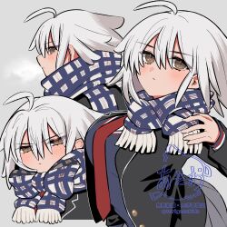  1girl ahoge akio_(akio1124) artist_name blazer brown_eyes expressionless fate/grand_order fate_(series) fringe_trim from_side frown grey_skirt hand_up highres id_(fate/grand_order) jacket jeanne_d'arc_alter_(fate) lapels light_blush looking_at_viewer multiple_views necktie notched_lapels plaid_clothes plaid_scarf pleated_skirt pseudo-tokyo_school_uniform red_necktie scarf school_uniform short_hair sideways_glance skirt squinting upper_body white_hair 