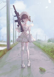 1girl absurdres ankle_strap assault_rifle bag black_hair blunt_bangs bonnet bow bowtie chinstrap clouds commentary_request corset dress drill_hair eyepatch farm footwear_bow frilled_bonnet frilled_dress frilled_eyepatch frilled_thigh_strap frills frog full_body grass grey_eyes grey_sky gun hand_up heart heart_eyepatch highres holding holding_gun holding_weapon horizon lolita_fashion long_sleeves looking_at_viewer one_eye_covered open_mouth original outdoors power_lines rice_paddy rifle road rural sanou shoes short_dress short_hair shoulder_bag sky smile solo standing strappy_heels thigh-highs thigh_strap twin_drills utility_pole weapon weapon_request white_bag white_bonnet white_bow white_bowtie white_corset white_shoes white_thighhighs wide_sleeves 