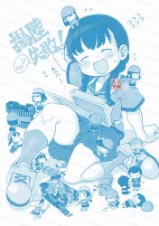  absurdres abyssal_ship artist_logo blue_theme chibi chibi_on_head closed_eyes commentary_request fairy_(kancolle) flying_sweatdrops highres kantai_collection kutone_shirika landing_gear landing_ship_no._101_(kancolle) logo on_head school_uniform serafuku shoes sitting smile socks translation_request 