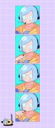  1boy animal_ears black_eyes blue_hair cigarette facial_mark fake_animal_ears grid_background highres holding holding_cigarette joint_(drug) looking_at_viewer male_focus neko_oven nyon_(randal's_friends) purple_background randal's_friends shirt short_hair smoking sweat whisker_markings yellow_shirt 