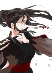  1boy black_hair black_hanfu chenqing_flute chinese_clothes closed_eyes closed_mouth dizi falling_leaves floating_hair flute flute_tassel hanfu highres holding holding_flute holding_instrument instrument k_a_k leaf long_hair long_sleeves male_focus modao_zushi music playing_flute playing_instrument ponytail red_sash robe sash simple_background smile solo tassel transverse_flute upper_body weapon wei_wuxian white_background wide_sleeves wind 