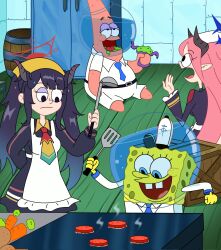  2boys 2girls apron black_hair black_horns blue_archive blue_eyes breasts commentary cooking creammilk_tea crossover demon_horns english_commentary fuuka_(blue_archive) grill grilling hair_between_eyes hair_on_horn halo headscarf highres holding holding_ladle horns juri_(blue_archive) ladle long_hair long_sleeves multicolored_necktie multiple_boys multiple_girls necktie open_mouth patrick_star pink_hair pointy_ears red_eyes red_halo ribbon-trimmed_apron ribbon_trim spongebob_squarepants spongebob_squarepants_(series) starfish teeth toon_(style) twintails white_apron yellow_headscarf 