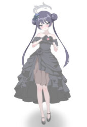  1girl absurdres alternate_costume bare_shoulders black_dress black_gloves black_hair black_shoes blue_archive blush butterfly_hair_ornament collarbone commentary_request detached_sleeves double_bun dress evening_gown full_body gloves grey_eyes grey_halo hair_between_eyes hair_bun hair_ornament halo head_tilt heart heart_hands high_heels highres kisaki_(blue_archive) long_hair looking_at_viewer runarie shoes short_sleeves sidelocks simple_background smile solo standing strapless strapless_dress twintails white_background 