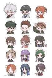  6+boys 6+girls black_jacket blue_hair blush_stickers character_request chibi chibi_only closed_eyes closed_mouth commentary eating food gintama green_hair grey_hair grey_kimono headphones highres hijikata_toushirou holding holding_food holding_smoking_pipe ikaooi1 jacket japanese_clothes kagura_(gintama) kimono long_hair maid_headdress multiple_boys multiple_girls onigiri open_mouth orange_hair parted_lips red_hair sakata_gintoki shimura_shinpachi short_hair simple_background smile smoking_pipe spiky_hair symbol-only_commentary v-shaped_eyebrows white_background 