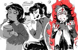  1boy abaddon_(haunted_hotel) bags_under_eyes bleeding blender_(object) blood blood_on_face blood_on_hands coat commentary_request fire food haunted_hotel highres ice_cream korean_commentary looking_at_viewer male_focus medium_hair mongjea multiple_views simple_background sitting spot_color white_background 