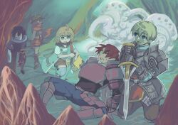  1other 2girls 3boys ahoge alchemist_(sekaiju) alchemist_1_(sekaiju) armor bag blonde_hair blue_eyes bow_(weapon) brown_hair commentary_request duffel_bag gauntlets greaves green_eyes green_hat hat hoh_bob_pop lab_coat long_hair medic_(sekaiju) medic_2_(sekaiju) monster multiple_boys multiple_girls orange_hair paladin_(sekaiju) paladin_1_(sekaiju) pink_armor primevil_(sekaiju) ranger_(sekaiju) ranger_2_(sekaiju) red_hair sekaiju_no_meikyuu sekaiju_no_meikyuu_1 short_hair shorts smile swordsman_(sekaiju) swordsman_3_(sekaiju) thigh-highs victory weapon 