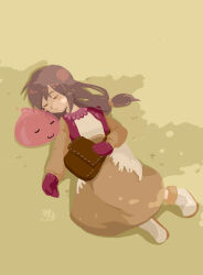  1girl :3 bag blush_stickers boots brown_hair brown_jacket brown_skirt closed_eyes closed_mouth commentary_request full_body grass jacket long_hair long_sleeves merchant_(ragnarok_online) mittens no_lineart on_ground poring ragnarok_online red_mittens shirt skirt sleeping slime_(creature) solo waterlessy white_boots white_shirt 