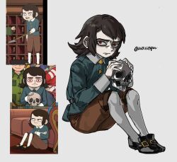  1boy abaddon_(haunted_hotel) ava1423qw_2 bags_under_eyes blue_coat brown_hair child coat commentary_request full_body grey_background haunted_hotel highres holding holding_skull knees_up korean_commentary looking_at_viewer male_focus medium_hair red_eyes screenshot_inset simple_background sitting skull solo 