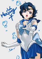  1girl absurdres back_bow bishoujo_senshi_sailor_moon blue_bow blue_bowtie blue_choker blue_eyes blue_hair blue_sailor_collar blue_skirt bow bowtie character_name choker circlet collarbone commentary_request earrings elbow_gloves gloves highres jewelry looking_at_viewer magical_girl mercury_symbol miniskirt mizuno_ami open_mouth pleated_skirt roru_(lol_dessin) sailor_collar sailor_mercury sailor_senshi sailor_senshi_uniform short_hair signature skirt solo stud_earrings white_gloves 