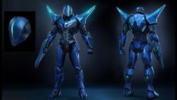  1boy arm_cannon arm_mounted_weapon armor blue_armor clenched_hand full_armor glowing highres metroid metroid_prime_4:_beyond multiple_views official_art power_armor shoulder_armor shoulder_spikes spikes sylux_(metroid) third-party_source weapon 
