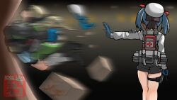  2girls black_jacket black_shoes black_shorts blonde_hair blue_gloves blue_hair box cardboard_box colphne_(girls'_frontline_2) commentary_request cross dated girls'_frontline_2:_exilium girls_frontline gloves hat highres jacket kneehighs motion_blur multiple_girls neoyamah red_cross shoes shorts socks thigh_strap twintails vepley_(girls'_frontline_2) white_hat white_jacket white_socks 