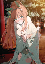  1girl alternate_costume alternate_hairstyle animal_ears blue_eyes blue_kimono blush clenched_teeth commentary ear_covers emyo fur_collar green_hairband hairband highres horse_ears horse_girl japanese_clothes kimono long_hair looking_at_viewer obi orange_hair outdoors pink_sash ponytail sash silence_suzuka_(umamusume) solo teeth umamusume 