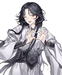  1boy absurdres black_hair chamuring character_request chinese_clothes commentary_request curtained_hair heart heart_hands highres korean_commentary long_hair long_sleeves looking_at_viewer male_focus one_eye_closed open_mouth red_eyes renzha_fanpai_zijiu_xitong simple_background solo white_background wide_sleeves 