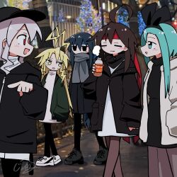  5girls absurdres ahoge aqua_eyes aqua_hair baseball_cap black_eyes black_hairband black_hat black_jacket black_pantyhose blonde_hair blue_hair bottle brown_hair closed_eyes coat generalcanon green_jacket grey_coat grey_scarf hairband hat headband highres holding holding_bottle hood hood_down hooded_jacket jacket lightning_ahoge long_sleeves looking_at_another looking_back multiple_girls open_clothes open_jacket open_mouth original pantyhose photo_background pink_hair pointing red_eyes red_headband scarf shirt shoes signature smile sneakers standing white_jacket white_shirt white_shoes yellow_eyes 
