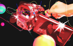  1boy 1girl absurdres black_background broken camcorder chopsticks closed_mouth commentary curtains doma_wang earrings english_commentary english_text food foreshortening heart highres jewelry long_hair nail_polish noodles original reflection sd_card simple_background sparkle video_camera 