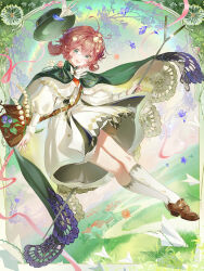  1girl :d absurdres ahoge bag bird_hat_ornament black_cape black_hat blue_eyes bow bowtie brown_bag brown_hair brown_shoes cape coat dress floating flower flutterpage flutterpage_(gently_comes_the_thawing_breeze) full_body grass green_background hair_flower hair_ornament hat highres holding holding_rod jiusheng_(huaichuan) juliet_sleeves lily_of_the_valley long_sleeves looking_at_viewer mailbag official_alternate_costume open_mouth origami paper_airplane paper_crane path puffy_sleeves reverse:1999 rod shoes short_dress short_twintails shoulder_bag smile socks solo twintails unworn_hat unworn_headwear white_bow white_bowtie white_coat white_dress white_flower white_socks 