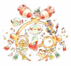  blush cacnea cactus cat chimecho closed_eyes closed_mouth colored_sclera crown fangs full_body happy highres mega_chimecho mega_pokemon meowth mime_jr. musical_note no_humans open_mouth pokemon pokemon_(anime) pokemon_(creature) pokemon_focus pokemon_legends:_z-a pokemon_rse_(anime) seviper smile snake star_(symbol) tail team_rocket wind_chime wobbuffet yellow_eyes yellow_sclera yukichi_0611 