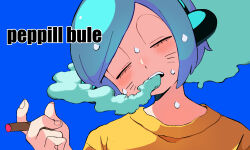  1boy animal_ears blue_background blue_hair blush cigarette closed_eyes facial_mark fake_animal_ears hand_up head_tilt highres holding holding_cigarette joint_(drug) male_focus neko_oven nyon_(randal's_friends) portrait randal's_friends shirt short_hair simple_background smoke smoking solo stoned sweat whisker_markings yellow_shirt 