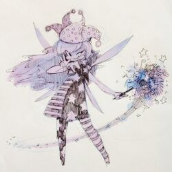  asymmetrical_legwear clownpiece commentary dress english_commentary fairy fairy_wings full_body hat holding jester_cap long_hair looking_at_viewer monochrome panties print_dress star_(symbol) star_print striped_clothes striped_dress striped_panties temmie_chang tongue tongue_out touhou underwear v wings 