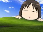  azumanga_daioh bliss_(image) brown_hair bust closed_eyes default_background kasuga_ayumu parody solo wallpaper windows 